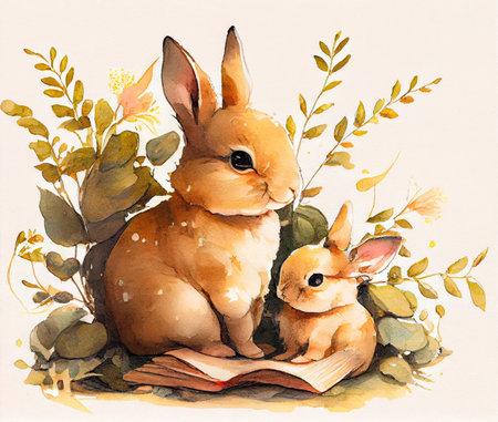 Rabbit family spends time together reading a book on white background. Animal and education concept. Generative AIの素材