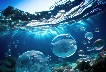 Blue glossy water bubble in underwater background. Nature and abstract concept. Generative AIの素材