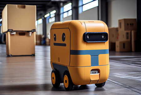 Robot AGV transporting cardboard box in warehouse background. Technology innovation and delivery concept. Generative AIの素材