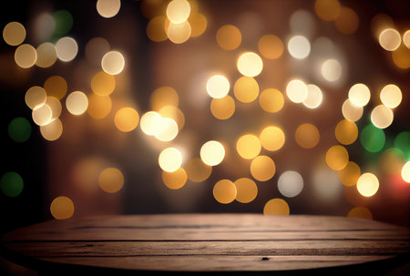 Table top in the night party with colorful bokeh background. Template and decoration concept. Digital art illustration. Generative AIの素材