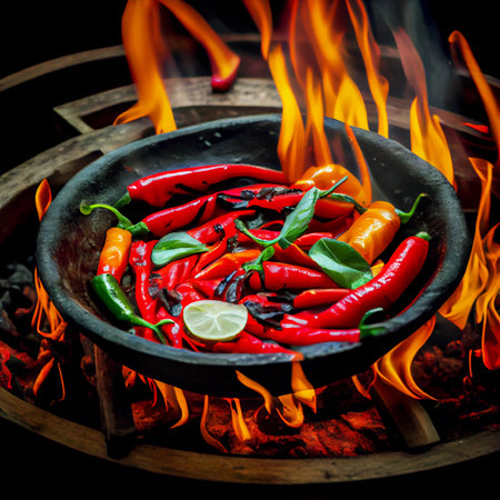 Red chili with burning fire flame in hot panon black background. Generative AIの素材