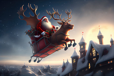 Santa Claus on the reindeer sleigh over the sky and village background. Christmas and New year concept. Digital art illustration. Generative AIの素材