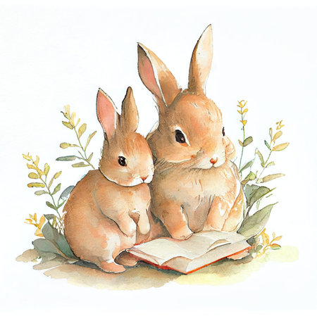 Rabbit family spends time together reading a book on white background. Animal and education concept. Generative AIの素材