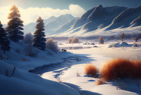 Snowy landscape with lake and pine tree mountain scene background. Nature and rural scene concept. Digital art illustration. Generative AIの素材