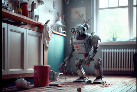 Housekeeper cleaner robot cleaning and doing housework by cleaning the wooden floor. Innovative technology and hygiene concept. Digital art illustration. Generative AIの素材