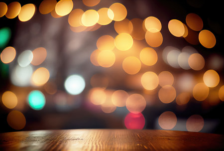 Table top in the night party with colorful bokeh background. Template and decoration concept. Digital art illustration. Generative AIの素材