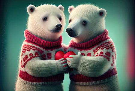 Couple of white polar bears holding red heart with North pole snowy landscape background. Generative AIの素材