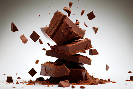 Closeup stacked chocolate chunks falling. Food and dessert concept. Generative AIの素材
