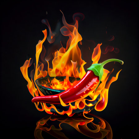 Red chili with burning fire flame in hot pot on black background. Generative AIの素材