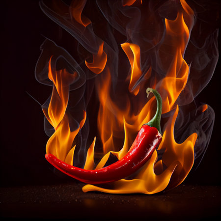 Red chili with burning fire flame on black background. Generative AIの素材