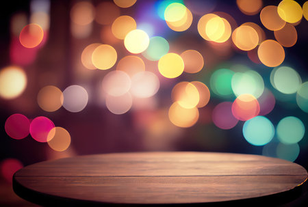 Table top in the night party with colorful bokeh background. Template and decoration concept. Digital art illustration. Generative AIの素材
