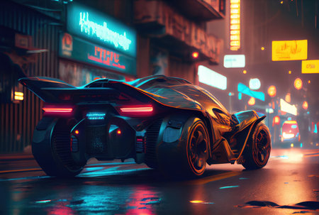 Futuristics car model in orange blue and pink color cyberpunk in dark city downtown background. Transportation and Innovative technology concept. Digital art fantasy illustration. Generative AIの素材