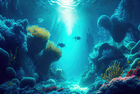 Deep sea and aquatic life with sunshine background. Digital art illustration. Marine life and undersea concept. Generative AIの素材