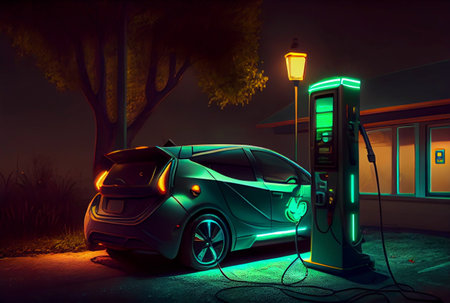 EV car with Electric charging station charger and blue glowing light stripe. Technology and transportation concept. Generative AIの素材