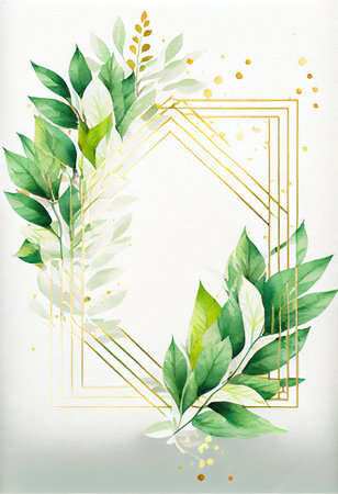 Green leaves with golden frame template and copy space for greeting wedding card and advertising concept art. Generative AIの素材