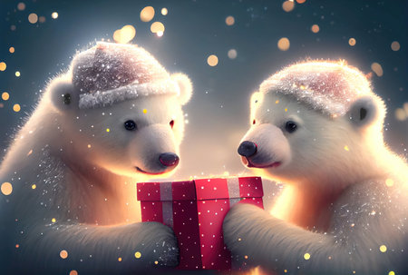 Two polar bears giving gift box together in the north pole with snowy background. Christmas day festival concept. Generative AIの素材