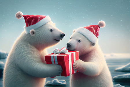 Two polar bears giving gift box together in the north pole with snowy background. Christmas day festival concept. Generative AIの素材