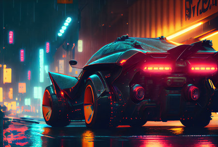 Futuristics car model in orange blue and pink color cyberpunk in dark city downtown background. Transportation and Innovative technology concept. Digital art fantasy illustration. Generative AIの素材