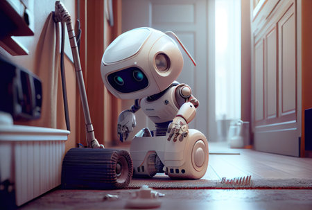 Housekeeper cleaner robot cleaning and doing housework by cleaning the wooden floor. Innovative technology and hygiene concept. Digital art illustration. Generative AIの素材