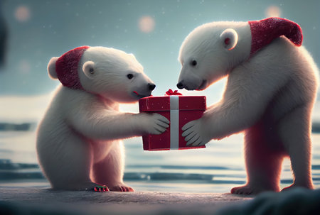 Two polar bears giving gift box together in the north pole with snowy background. Christmas day festival concept. Generative AIの素材