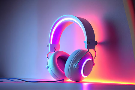Modern headphone in the colorful gaming and live streaming room background. Generative AIの素材