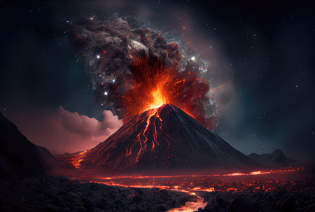 The volcano erupted with hot lava and black smoke covering the sky. Nature and disaster concept. Generative AIの素材