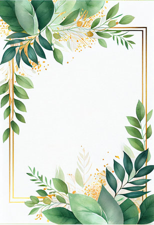 Green leaves with golden frame template and copy space for greeting wedding card and advertising concept art. Generative AIの素材