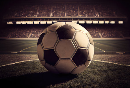 Soccer ball on grass field in stadium. Sport and game concept. Generative AIの素材