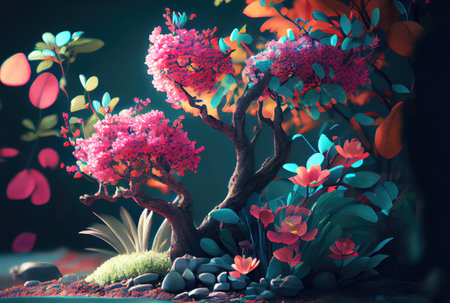 Spring landscape with colorful trees background. Beauty in Nature and springtime concept. Digital art illustration. Generative AIの素材