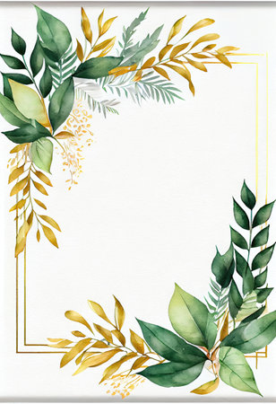 Green leaves with golden frame template and copy space for greeting wedding card and advertising concept art. Generative AIの素材