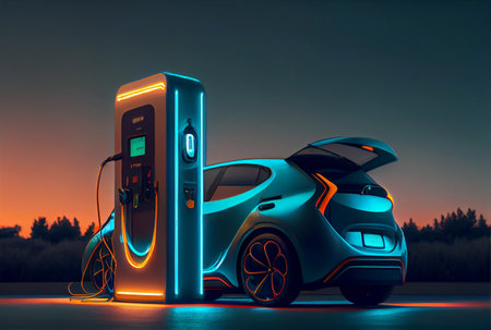 EV car with Electric charging station charger and blue glowing light stripe. Technology and transportation concept. Generative AIの素材