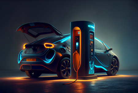 EV car with Electric charging station charger and blue glowing light stripe. Technology and transportation concept. Generative AIの素材