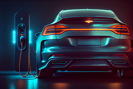 EV car with Electric charging station charger and blue glowing light stripe. Technology and transportation concept. Generative AIの素材