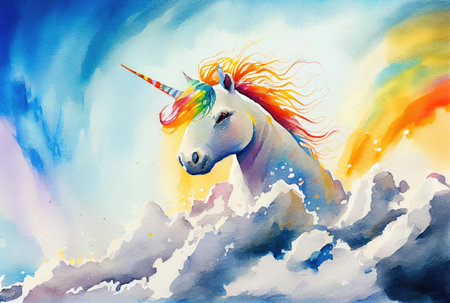 White unicorn is stepping up the stairs to reach the top of success on rainbow background. Business metaphor and success concept. Digital art fantasy illustration. Generative AIの素材