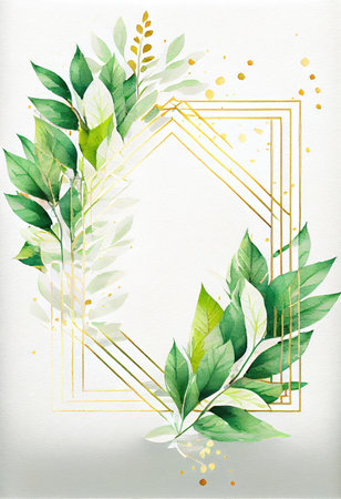 Green leaves with golden frame template and copy space for greeting wedding card and advertising concept art. Generative AIの素材