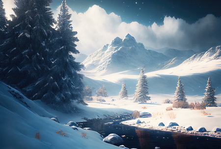 Snowy landscape with lake and pine tree mountain scene background. Nature and rural scene concept. Digital art illustration. Generative AIの素材