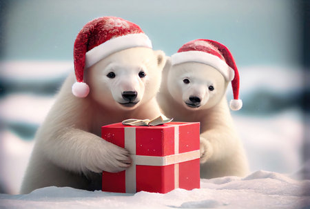 Two polar bears giving gift box together in the north pole with snowy background. Christmas day festival concept. Generative AIの素材