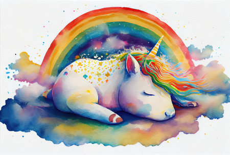 White sleepy unicorn on the cloud with colorful rainbow background. Business metaphor and success concept. Digital art fantasy illustration. Generative AIの素材