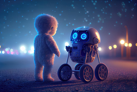 Robot nanny take care of baby to watching starry night landscape mountain and milky way sky background. People technology and Astrology science concept. Digital art fantasy illustration. Generative AIの素材