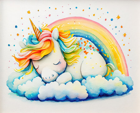 White sleepy unicorn on the cloud with colorful rainbow background. Business metaphor and success concept. Digital art fantasy illustration. Generative AIの素材