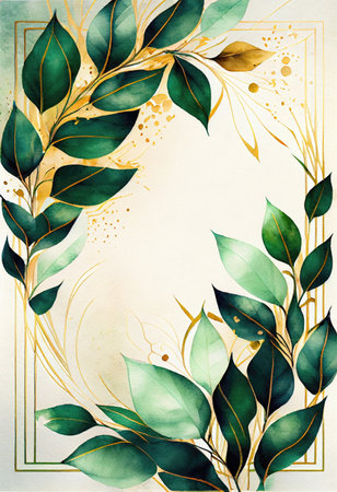 Green leaves with golden frame template and copy space for greeting wedding card and advertising concept art. Generative AIの素材