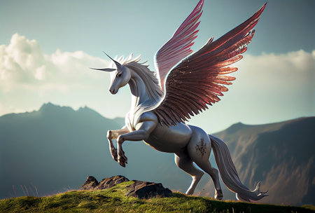 Unicorn with rainbow wings on the top of mountain background. Generative AIの素材