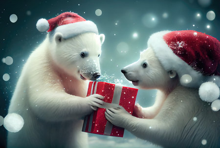 Two polar bears giving gift box together in the north pole with snowy background. Christmas day festival concept. Generative AIの素材