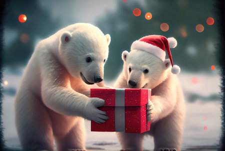 Two polar bears giving gift box together in the north pole with snowy background. Christmas day festival concept. Generative AIの素材