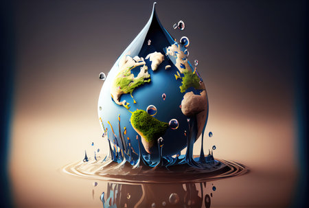 Earth in water drop shape dropping on the ground background. Environment and World savings concept. Digital art illustration. Generative AIの素材