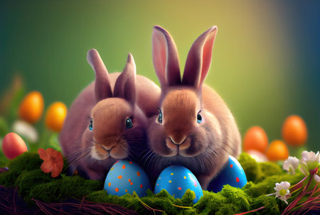 Rabbits family in the nest with many colorful Easter eggs for Happy Easter Day Greeting card background. Animal and pet concept. Generative AIの素材