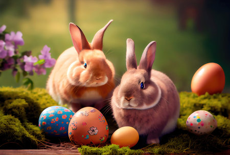 Rabbits family in the nest with many colorful Easter eggs for Happy Easter Day Greeting card background. Animal and pet concept. Generative AIの素材