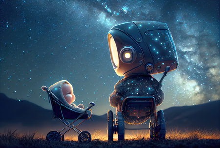 Robot nanny take care of baby to watching starry night landscape mountain and milky way sky background. People technology and Astrology science concept. Digital art fantasy illustration. Generative AIの素材