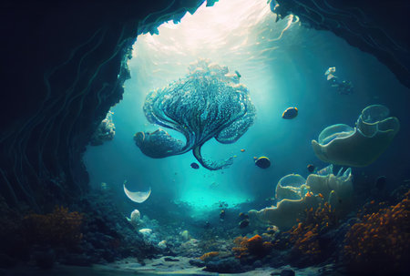 Deep sea and aquatic life with sunshine background. Digital art illustration. Marine life and undersea concept. Generative AIの素材