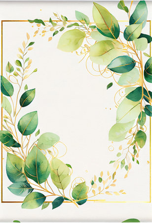 Green leaves with golden frame template and copy space for greeting wedding card and advertising concept art. Generative AIの素材